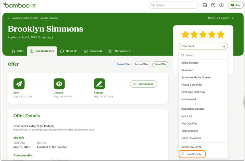 Candidate profile with dropdown under rating stars. Option highlighted: Hire Globally, marked with an orange outline.