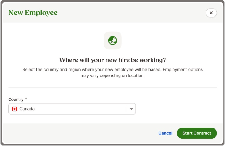 New Employee modal with a dropdown to select which country the employee will be working in.