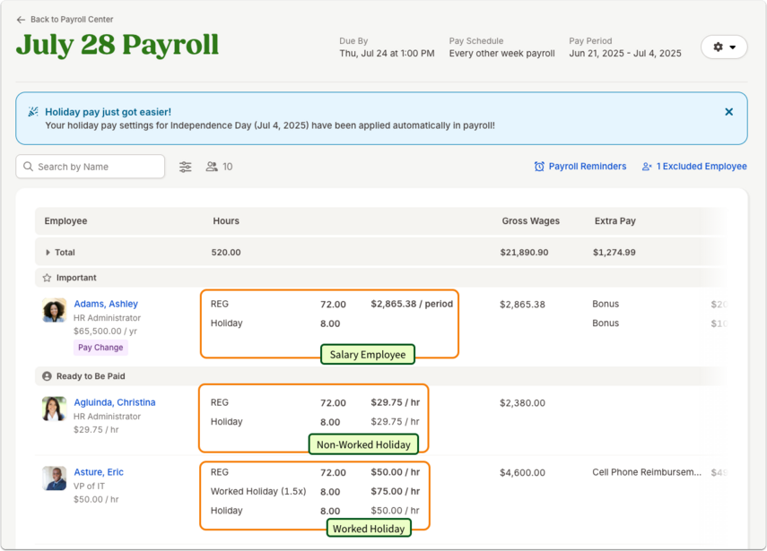 This image shows the different ways holiday will show up in BambooHR Payroll. The example shows an employee who received 8 hours of time off on the holiday and was paid their regular salary. It shows another employee who is paid hourly, but received time off on the holiday and therefore did not receive a pay multiplier. It then shows a third employee who worked on the holiday and received a pay rate multiplier.