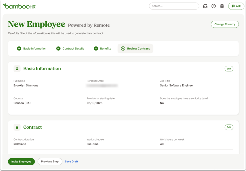 Summary screen titled New Employee (Powered by Remote) showing tabs for Basic Information and Contract, with options to edit. Buttons: Invite Employee, Previous Step, Save Draft.