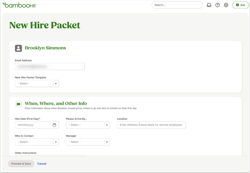 New Hire Packet screen showing employee’s name and onboarding sections.
