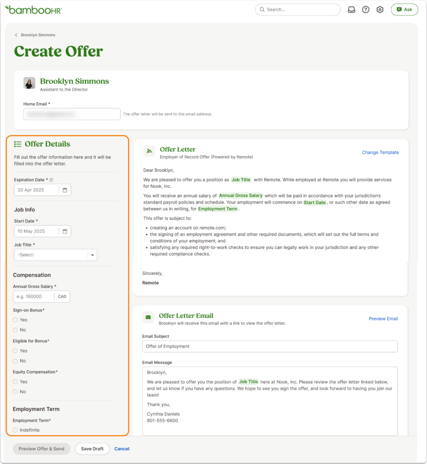 Offer template page with fields for Expiration Date, Start Date, Job Title, Salary, Bonus, Equity. An orange outline highlights the template selection. Offer Details are highlighted. Preview Offer & Send button is grayed out. Buttons available: Save Draft and Cancel.