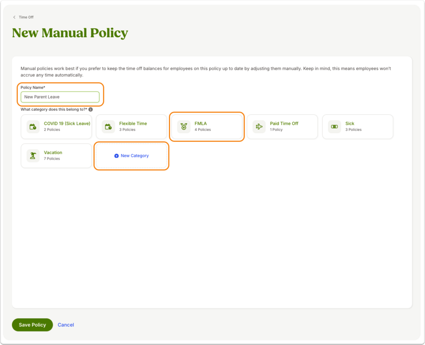 Screenshot of a page labeled New Manual Policy with input fields for policy name and category, plus an option to add a new category. This screen demonstrates how administrators define the basic structure of a new time off policy before setting up accrual settings.
