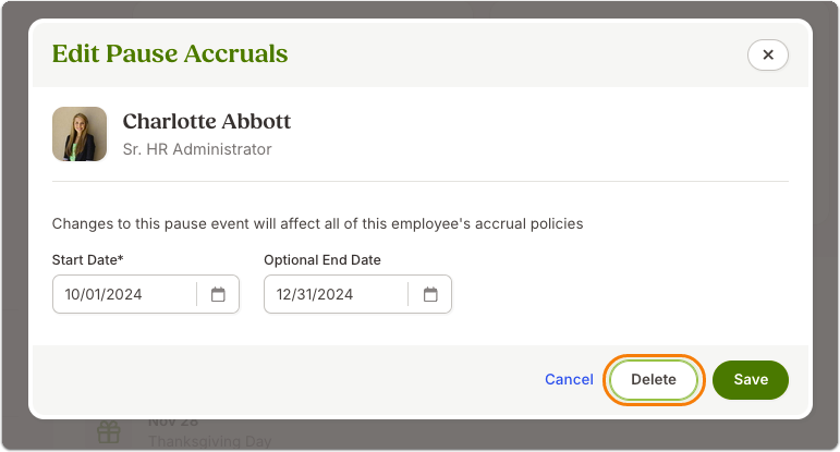 Edit Pause Accruals modal, with an orange Delete button outlined at the bottom.