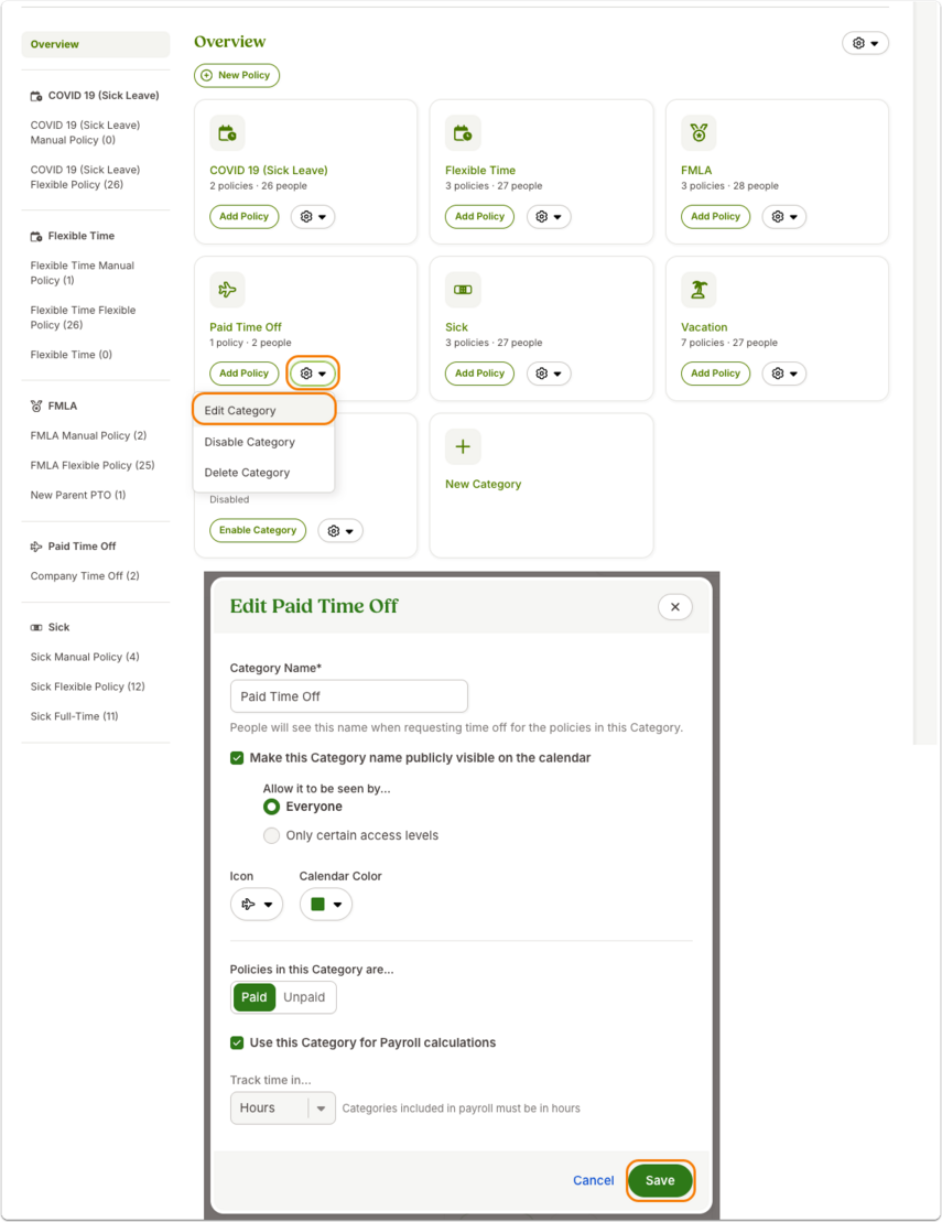 Screenshot of the Time Off Settings → Overview screen. Multiple category cards display their icons, policies, and employee counts. The Paid Time Off card is selected, showing a pop-up edit window titled Edit Paid Time Off. Options include category name, calendar visibility, icon/color, and tracking unit. The card has an orange outline indicating selection.
