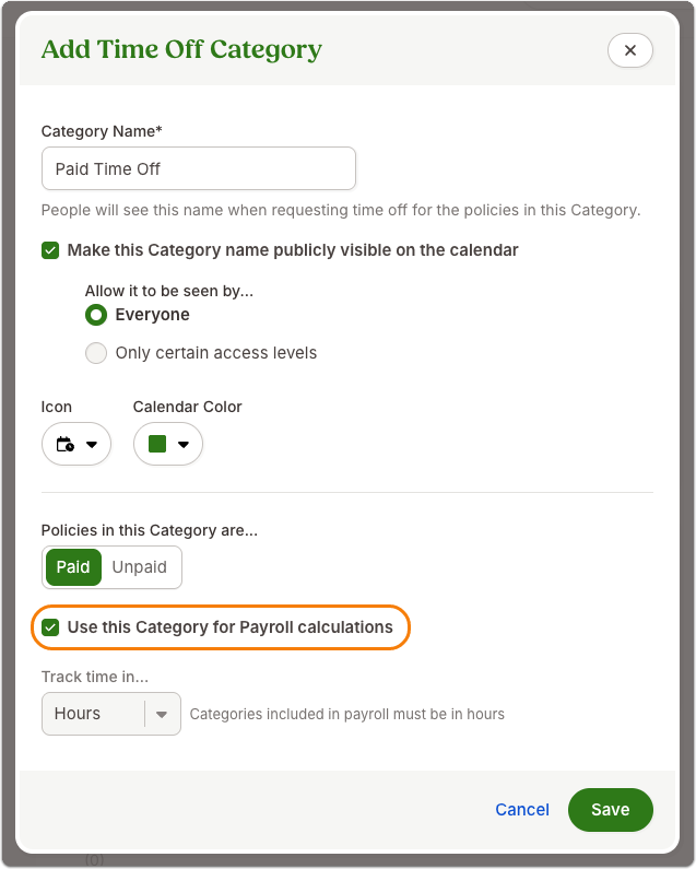 Pop-up window titled Add Time Off Category. Options for icon, calendar visibility, and paid/unpaid selection appear. A highlighted checkbox labeled Use this Category for Payroll calculations is checked. The tracking option is set to Hours. This setup is specific to customers using BambooHR Payroll.