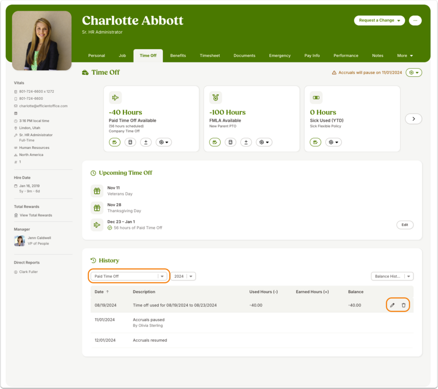 Screenshot of the employee profile open to the Time Off tab. The page displays balances for different time off categories, upcoming time off, and a History section listing prior entries. Icons for a pencil (edit) and trash can (delete) appear next to a history row, illustrating how administrators can modify or remove a recorded time off entry directly from the Time Off tab on an employee profile.