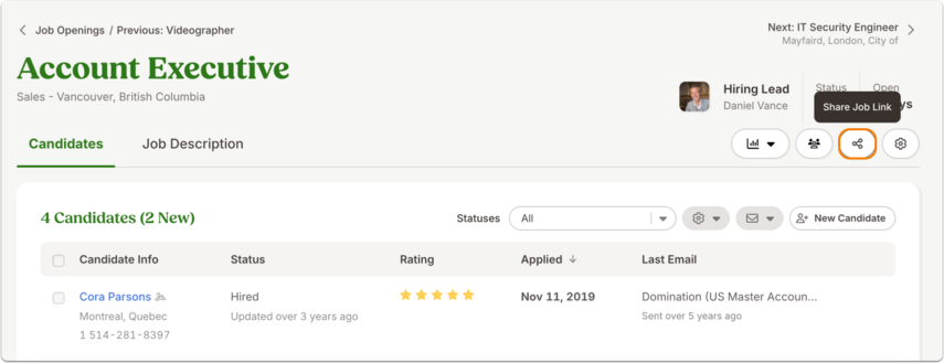 Screenshot of the Candidates tab in Hiring with the share icon highlighted in orange and "Share Job Link" above it.