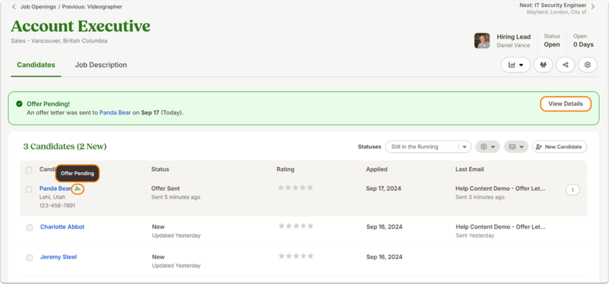 Screenshot of a Sales Manager job listing with three candidates. A callout banner indicates that an offer has been started. Next to candidates’ names, icons show whether they have draft or sent offers. A View Details button is visible.