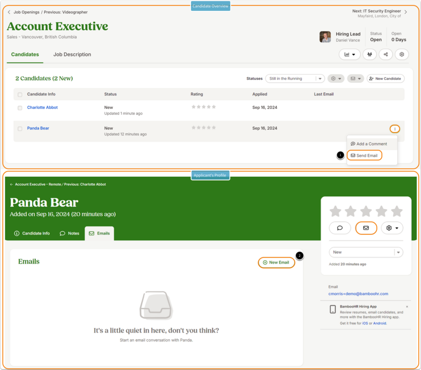 Two stacked screenshots illustrating how to initiate an email.  Top screenshot: In the candidate overview table for the Account Executive job, each row lists a candidate such as [Employee Name]. At the far right of the row, a Send Email button provides a quick way to begin composing a message directly from the overview.  Bottom screenshot: Inside the candidate profile for [Employee Name], the Emails tab is selected. The tab displays a blank message area with a New Email button in the top-right corner, allowing recruiters to start an email from within the candidate’s profile.