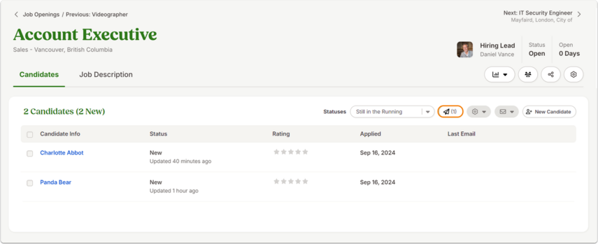 Screenshot of the candidate overview table for the Account Executive job. Candidates include [Employee Name] with status “New.” Above the table, highlighted is the send icon, which lists scheduled emails for the job opening, letting recruiters track pending emails across multiple candidates.