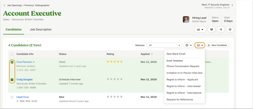 Screenshot of the candidate overview table for the Account Executive job. Checkboxes are selected for two rows labeled [Employee Name] and [Employee Name]. Once selected, an email icon appears in the top-right corner of the table. Clicking this icon opens the option to create a group email, where the recruiter can either write a new message or use an existing template. This enables bulk communication with multiple candidates simultaneously.