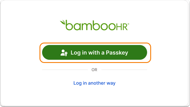 Screenshot of the BambooHR login screen highlighting the green Log in with a Passkey button centered on the page. Below it is a gray link labeled “Log in another way.”