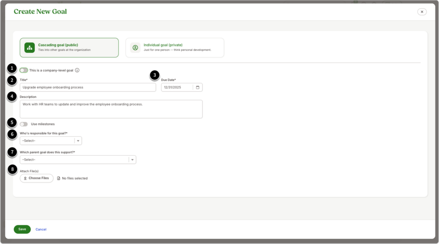 Screenshot of the employee profile’s Performance > Goals section with an orange arrow highlighting the “+New Goal” button. The Performance tab in the header is also outlined. Below is the Create New Goal window showing the “Cascading goal (public)” option selected, with numbered fields for company-level goal, title, due date, milestones, and responsible employee.