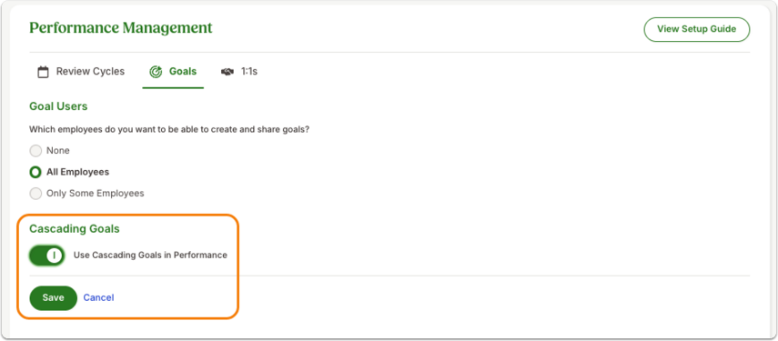 Screenshot of the Performance Management Settings page showing options for Goal Users and a toggle switch labeled Use Cascading Goals in Performance, which is highlighted in orange. The green Save button appears below the toggle. This screenshot indicates the configuration location for admins to activate cascading goals.