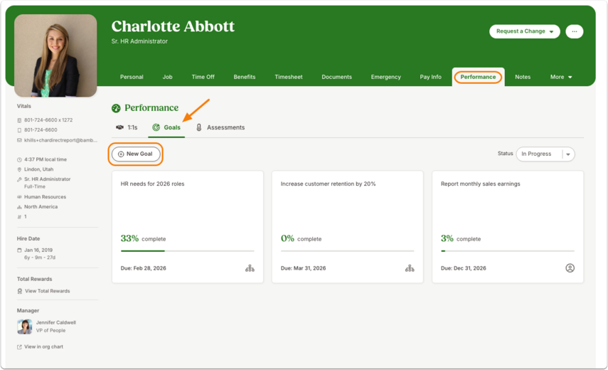 Screenshot of the employee profile’s Performance > Goals section with an orange arrow highlighting the “+New Goal” button. The Performance tab in the header is also outlined. Below is the Create New Goal window showing the “Cascading goal (public)” option selected, with numbered fields for company-level goal, title, due date, milestones, and responsible employee.