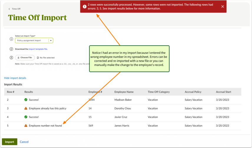 Screenshot of the help article text explaining common error messages that may occur during time off imports. No interface screenshot is shown here, but the instructional content lists errors such as “This policy doesn’t exist,” “Time off category not found,” “Employee already has this policy,” “Could not parse the date,” and a general “An error occurred” message. Each error description includes guidance on why it occurs, such as incorrect spelling or formatting, mismatched category names, duplicate policy assignments, date format issues, or importing too many rows at once.