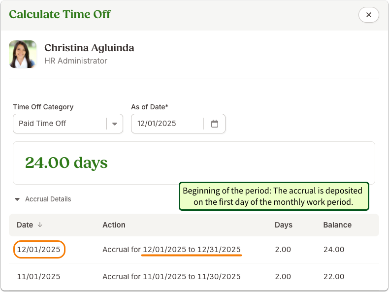 This image shows the future accrual calculation for a monthly policy where the accrual is awarded at the beginning of the work period.
