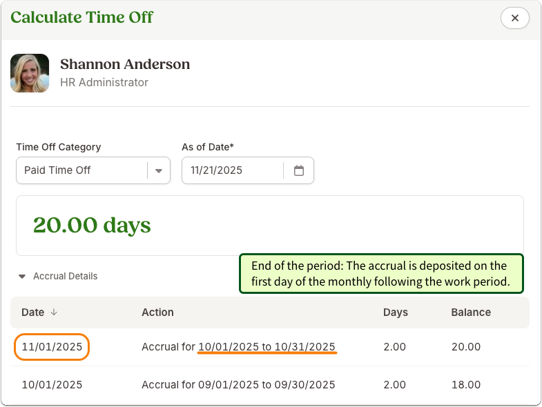 This image shows the future accrual calculation for a monthly policy where the accrual is awarded at the end of the work period.