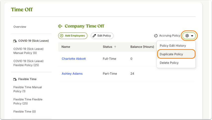 Screenshot of the Policy Edit History page for a time off policy. A table displays previous, current, and scheduled versions of the policy with columns for Effective Date, Summary, Edited By, Edited Date, and Status. Status indicators are labeled Scheduled, Active, and Inactive, showing the history of the policy.