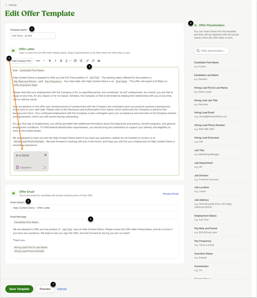 Screenshot of the Edit Offer Template screen. Fields include:  Template Name text box.  Attach Files section with file upload option.  Message editor with formatting toolbar (bold, italic, underline, bullets, hyperlink, insert photo).  Offer Placeholders panel on the right with selectable merge fields like Candidate First Name, Job Title, Start Date, etc. Buttons at the bottom: Save Template, Preview, and Cancel.