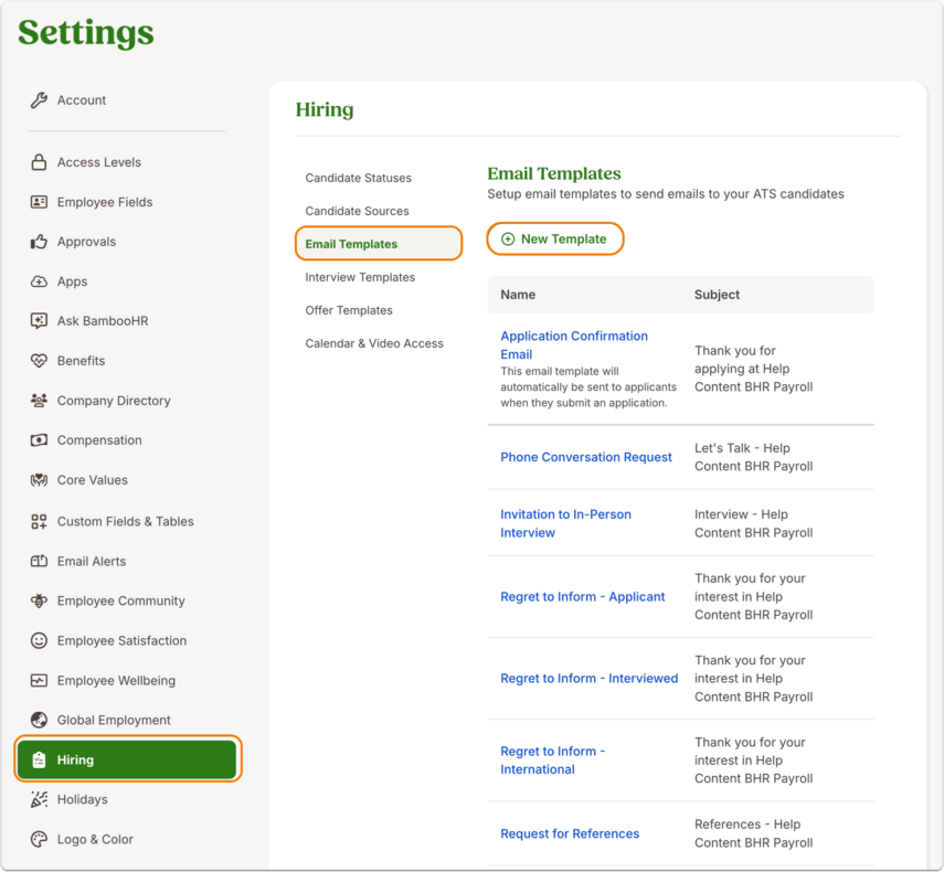 Screenshot of the Hiring settings menu with Email Templates selected in the sidebar. The main panel displays a list of template names such as Application Confirmation Email, Phone Conversation Request, and Invitation to In-Person Interview. A New Template button at the top is outlined in orange.