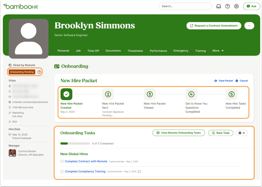 Employee profile page with an orange banner labeled Onboarding Pending. Timeline shows tasks to complete. List of onboarding tasks and status are also displayed.