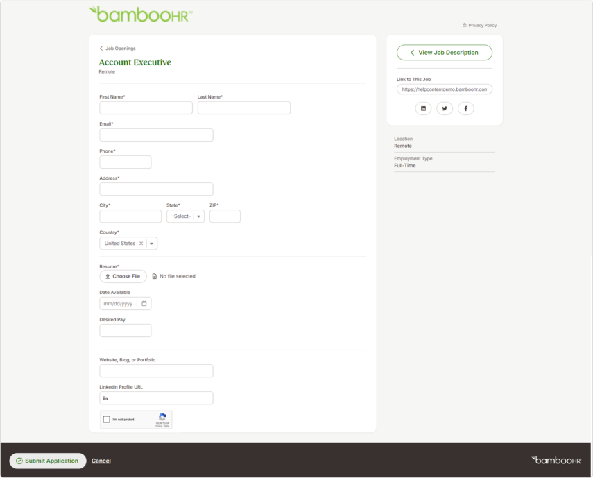 Screenshot of an online application form for Account Executive. Fields include first name, last name, email, phone, address, city, state, zip, country, desired salary, availability, and an upload resume option. Buttons at the bottom: Submit Application and Cancel.