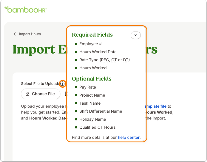 Screenshot of the overlay window titled Required vs Optional Fields. The window contains two columns: Required fields on the left (e.g., Employee #, Date, Hours) and Optional fields on the right (e.g., Notes, Project, Task). A close button appears in the corner.