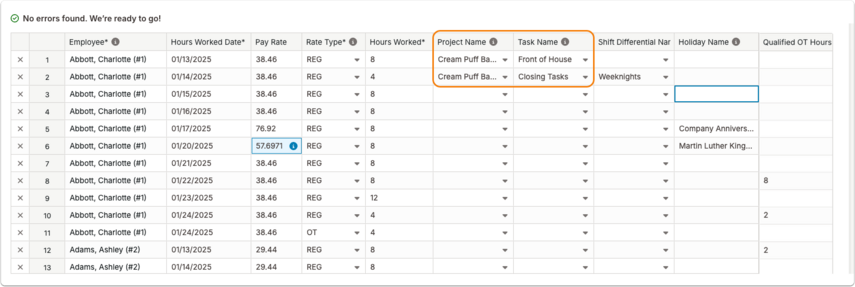 Screenshot of a sample import table for those using project tracking with multiple rates of pay. Two additional columns are highlighted: Project Name and Task Name. Example entries include generic project and task labels. Orange outlines highlight the columns.