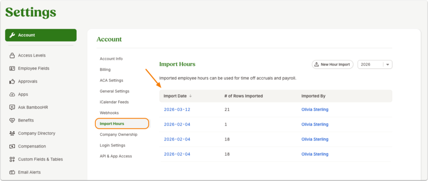 Screenshot of Settings → Account → Import Hours with the table listing past import dates, row counts, and imported by. The Import Date link is highlighted with an orange arrow. Below, details of a specific import are shown: a table with rows of employee names, pay rates, hours worked, project names, and holidays.