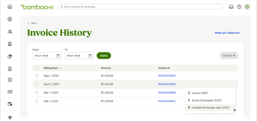 Screenshot of the Invoice History page in BambooHR. A table lists invoices with billing dates (e.g., May 1, April 1, Mar 1, Feb 1) and amounts (e.g., $1,234.56). The Export dropdown is expanded, showing options: Invoice (PDF), Active Employees (CSV), and LinkedIn Promoted Jobs (CSV).