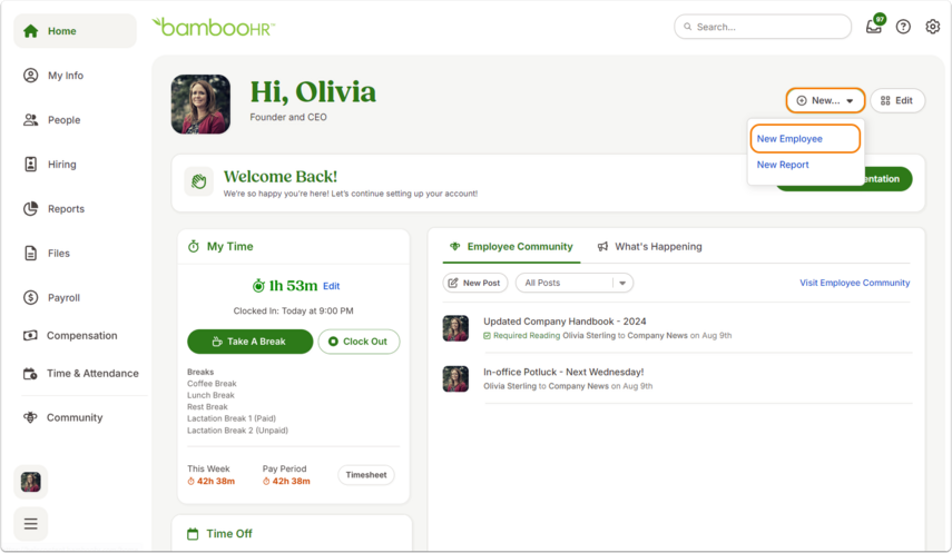 Screenshot of the BambooHR Home tab dashboard. In the top-right corner, a dropdown menu under New… is expanded, with two options: New Employee (highlighted) and New Report. The page background shows the employee’s name and dashboard widgets, but focus is on the dropdown location.