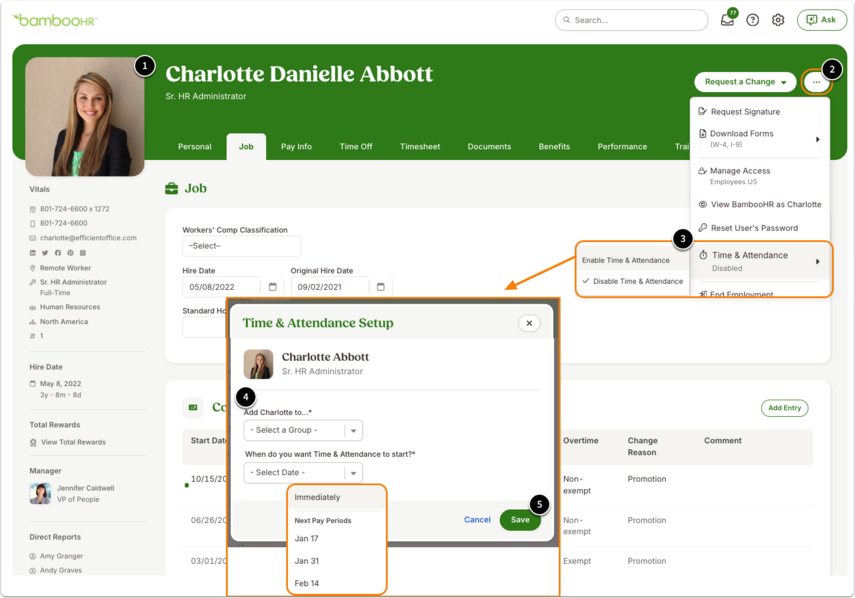 1. 1.Go to the employee’s Profile.2.Click the Action Menu (top-right).3.Hover over Time Tracking > select Enable Time Tracking.4.In the pop-up, choose a group for the employee (if applicable) and when Time Tracking should begin:•Immediately: Enables Time Tracking for the current pay period (including past days).•Next Pay Periods: Choose from one of the next three pay period start dates.5.Click Save.