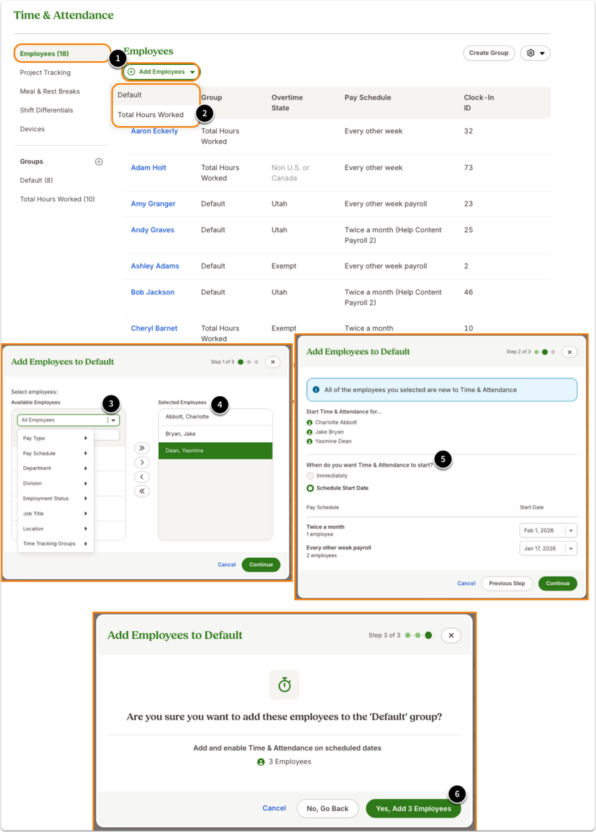 1.Go to Settings > Time & Attendance > Add Employees.2.(Optional) Use filters (department, location, pay type) to narrow the list.3.Select employees. Use Shift/Command to select multiples and move them into the selection box.4.Choose start option:1.Immediately: Access is granted right away.2.Schedule Start Date: Choose a start date aligned with pay schedules.•Review selections and confirm.5.After enabling, check the employee list. Use the calendar icon or Change All Start Dates to adjust.