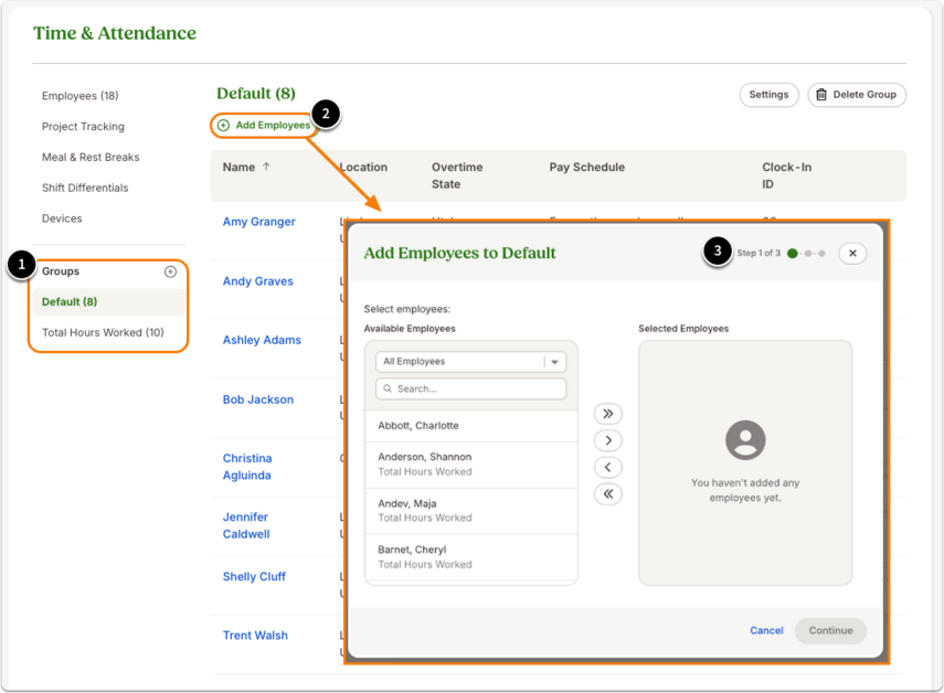 1.Go to the desired Time Tracking Group.2.Click Add Employees.3.Follow the modal to select employees and define their start date.