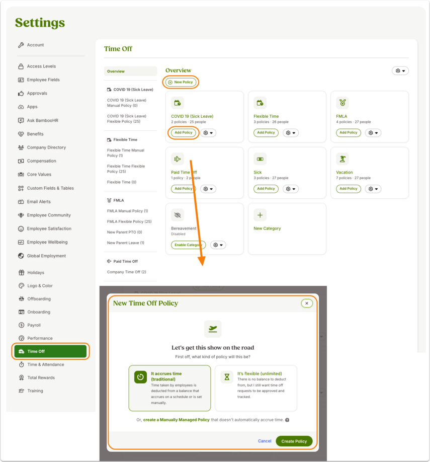 Screenshot of the Time Off section of BambooHR Settings, showing the option to create a new time off policy. A pop-up modal is displayed with settings for selecting accrual methods.