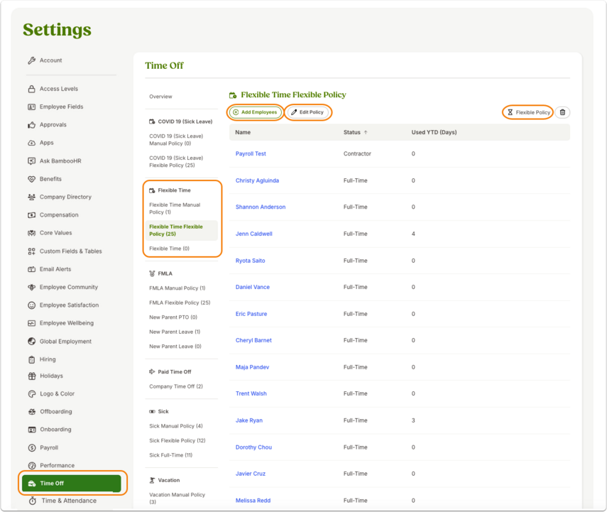 Screenshot of the Time Off section in BambooHR Settings, showing a menu where created policies appear under their associated categories. Selecting a policy name opens a table listing assigned employees, with an Add Employees button to assign more. An Edit Policy option lets administrators change settings, and a note explains that not all categories (e.g., jury duty or unlimited time off) have accrual policies, as these can be managed with manual adjustments.