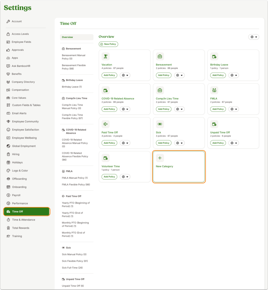 Screenshot of the Settings → Time Off Overview tab. Several category cards appear in a grid. At the bottom is a card labeled + New Category, outlined in orange. The left sidebar shows the Time Off menu item highlighted in green.