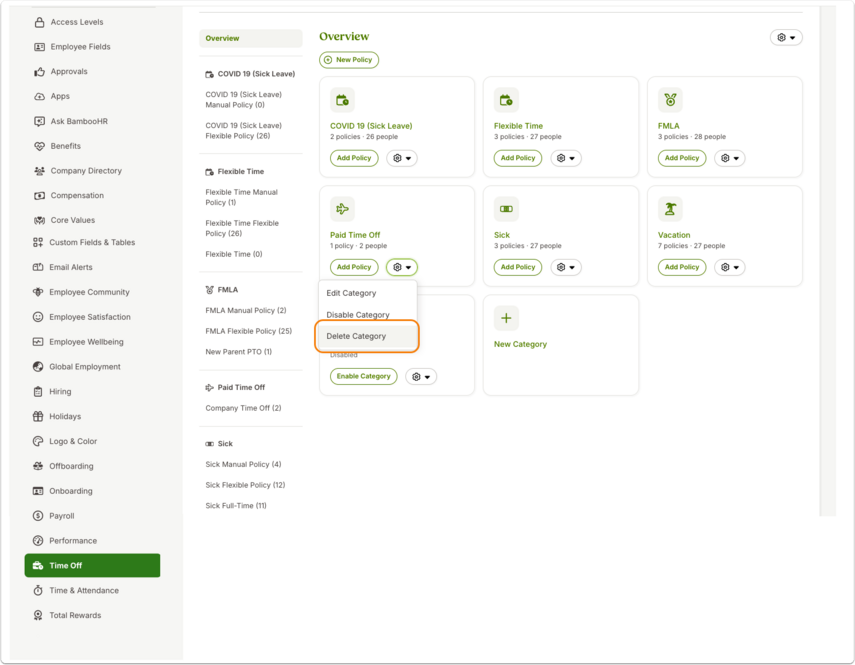 Screenshot of the Time Off Overview with multiple category cards. The Paid Time Off card is selected, showing a dropdown menu. Options listed: Edit Category, Disable Category, and Delete Category. The Delete Category option is outlined in orange to indicate selection.