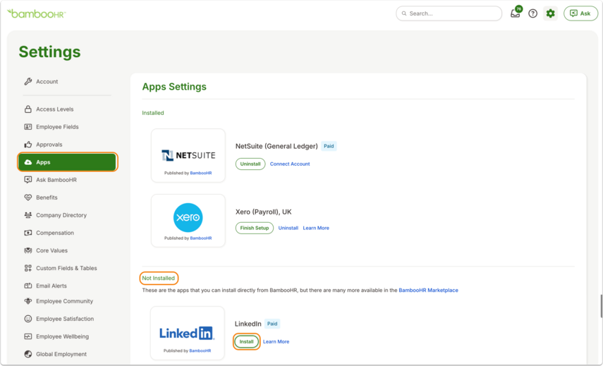 Screenshot of BambooHR Settings > Account page. The left menu lists options such as Access Levels, Employees, Job Openings, and more. The main panel shows account information with sections for subscriptions and add-ons. A modal titled LinkedIn Settings is displayed, with the LinkedIn logo, a field to enter a company name, a Terms of Service link, and buttons labeled Install and Cancel.