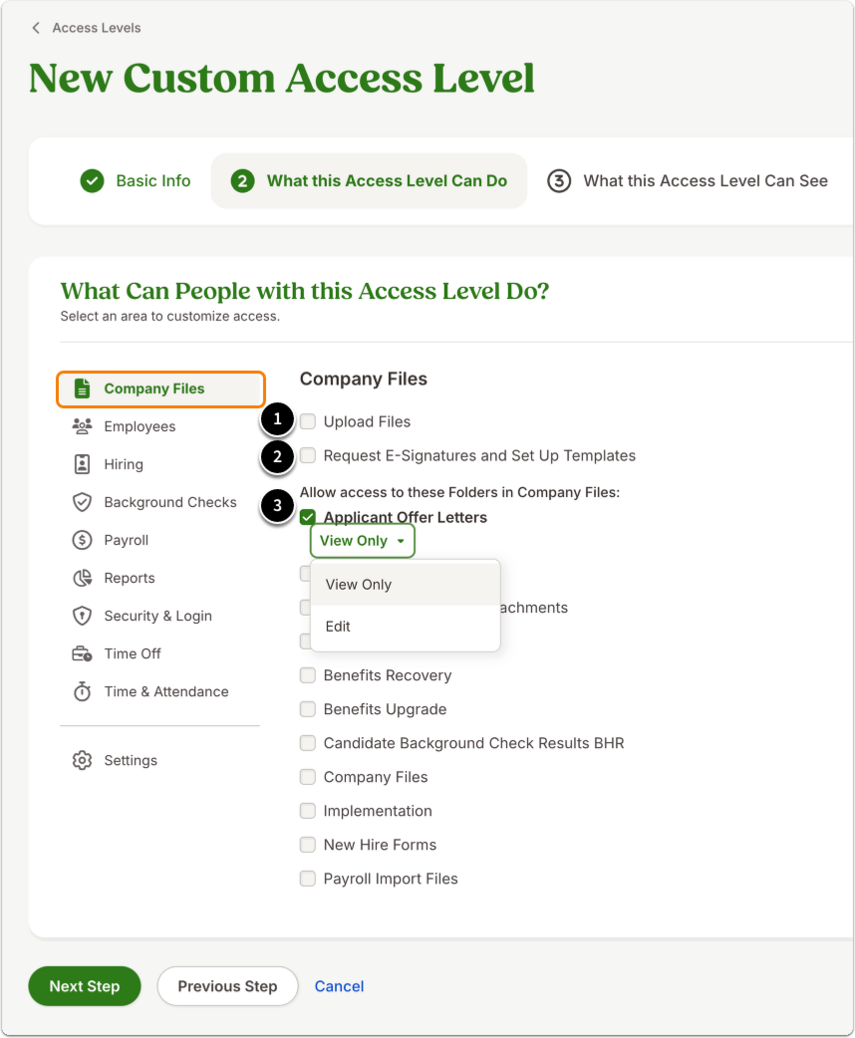 This image shows the What this Access Level Can Do tab. It highlights the Company Files tab and its permissions. Number 1 aligns with the Upload Files permission. Number 2 aligns iwth the Request E-Signatures and Set Up Templates permission. And Number three aligns with the ability to grant access to specific folders in company files. The image shows the option to grant View Only or Edit access to each folder.
