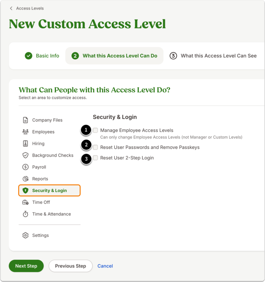 This image shows the What this Access Level Can Do tab and highlights the Security & Login tab. It calls out the following permissions: 1. Manage Employee Access Levels 2. Reset User Passwords and Remove Passkeys 3. Rest User 2-Step Login