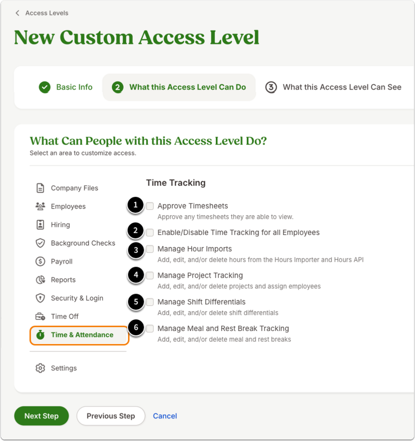 This image shows the What this Access Level Can Do tab and highlights the time Tracking tab. It highlights the following permissions: 1. Approve Timesheets 2. Enable/Disable time Tracking for all employees 3. Mange Hour Imports 4. Manage Project Tracking 5. Manage Shift Differentials 6. Manage Meal and Rest Break Tracking