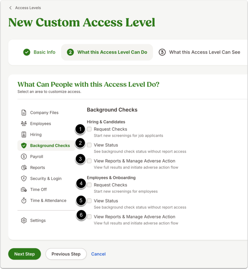 This image shows the What this Access Level Can Do page and highlights the Background Checks tab. It highlights the following permissions: Hiring & Candidates 1. Request Checks 2. View Status 3. View Reports & Manage Adverse Action (Employees and Onboarding Section] 4. Request Checks 5. View Status 6. View Reports & Manage Adverse Action