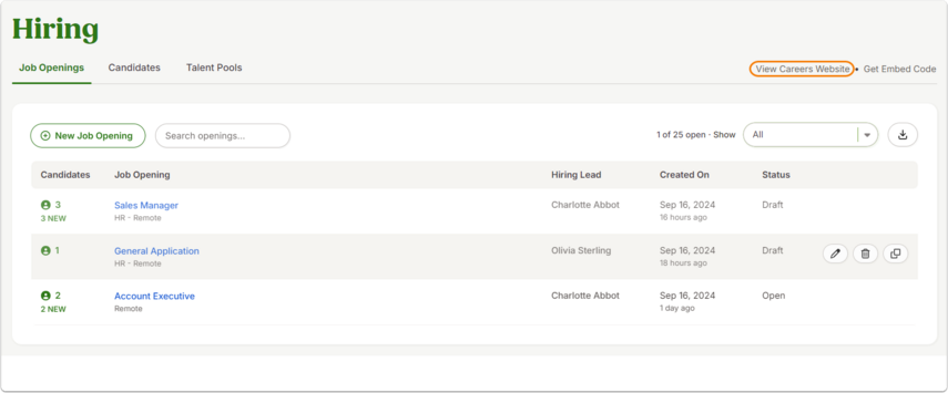 Screenshot of Settings > Hiring tab. Shows where to click the View Careers Website button in the top-right corner. Job openings are listed below with each each job opening showing number of candidates, job opening title, hiring lead, created date, and status.