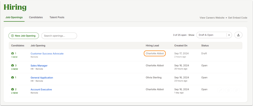 Screenshot of the Hiring dashboard in BambooHR. The main panel lists job openings such as Customer Success Advocate and Sales Manager. The Hiring Lead column displays employee names (redacted to “employee”). The Status column shows values like Draft and Open.