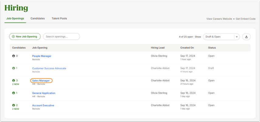 Screenshot of the Hiring dashboard, with tabs: Job Openings, Candidates, Talent Pools. The job openings list includes columns for Job Opening, Hiring Lead, Created On, and Status. One row is highlighted: Sales Manager, with status Open.