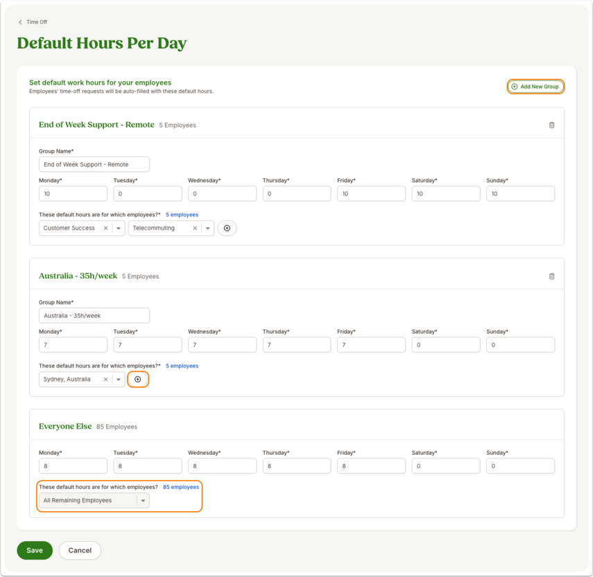 Screenshot of Default Hours Per Day screen. The image shows three groups with different default hours and highlights the Add New Group button as well as the Filtering button.