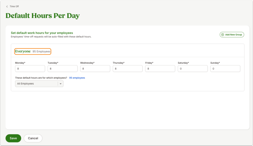 Screenshot of the Default Hours Per Day settings page. A table lists days of the week from Monday through Sunday, each with an editable field for entering default hours. A heading indicates the group applies to “Everyone,” covering all employees by default. Buttons at the bottom allow saving or canceling changes.
